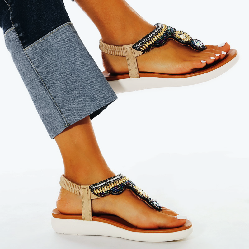 Comelyy Women Bohemia Ethnic Flower Elastic Band Slip On Wedges Sandals