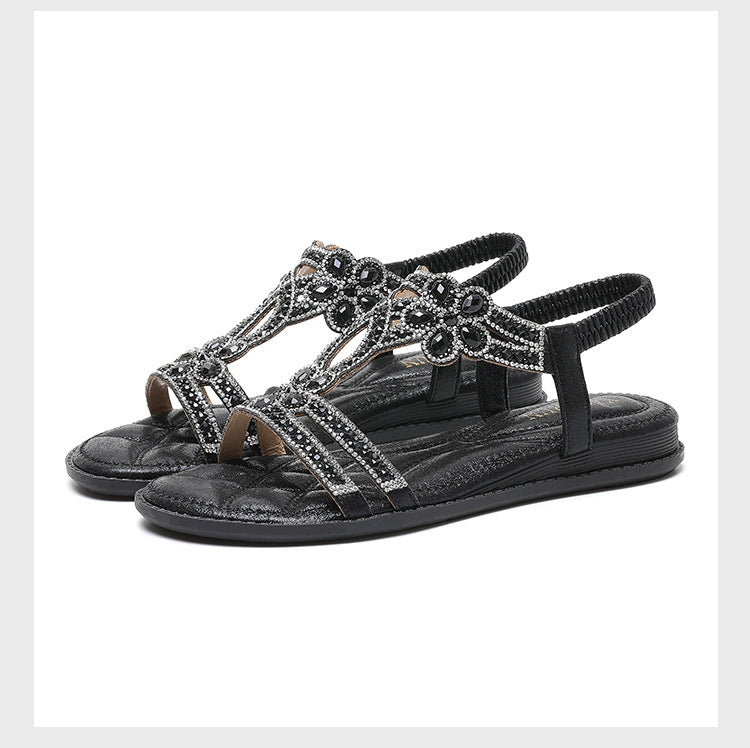 Comelyy hollow cross-border flat-bottomed rhinestone bohemian comfortable sandals