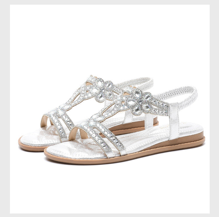 Comelyy hollow cross-border flat-bottomed rhinestone bohemian comfortable sandals