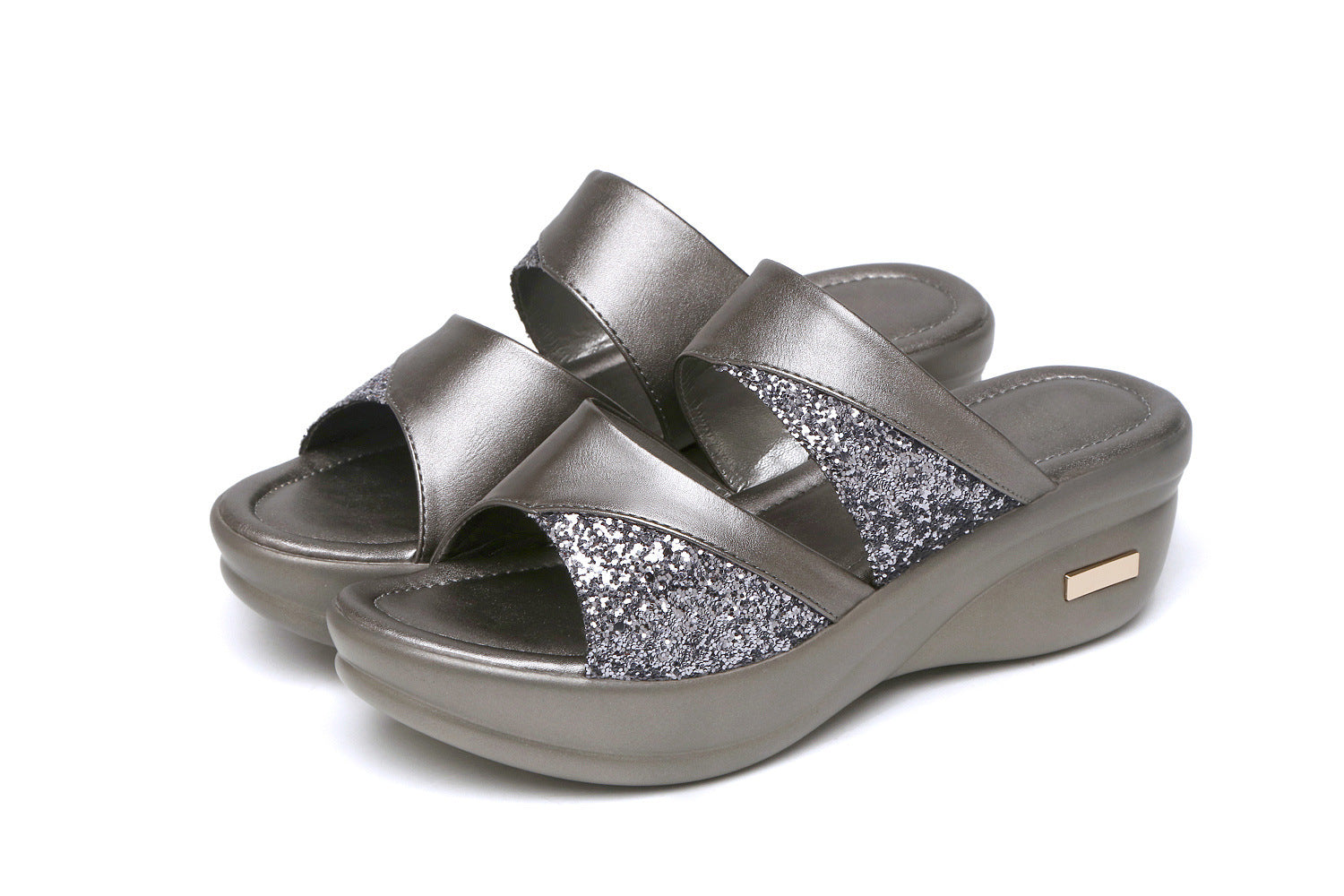 Comlyy Sandals and slippers women's summer outerwear thick-soled muffin wedge fish mouth sequined slippers