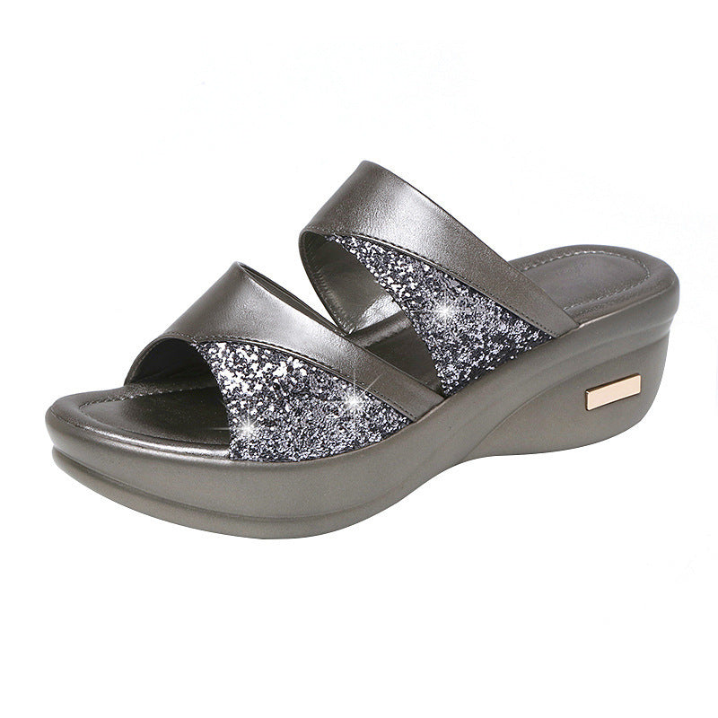 Comlyy Sandals and slippers women's summer outerwear thick-soled muffin wedge fish mouth sequined slippers