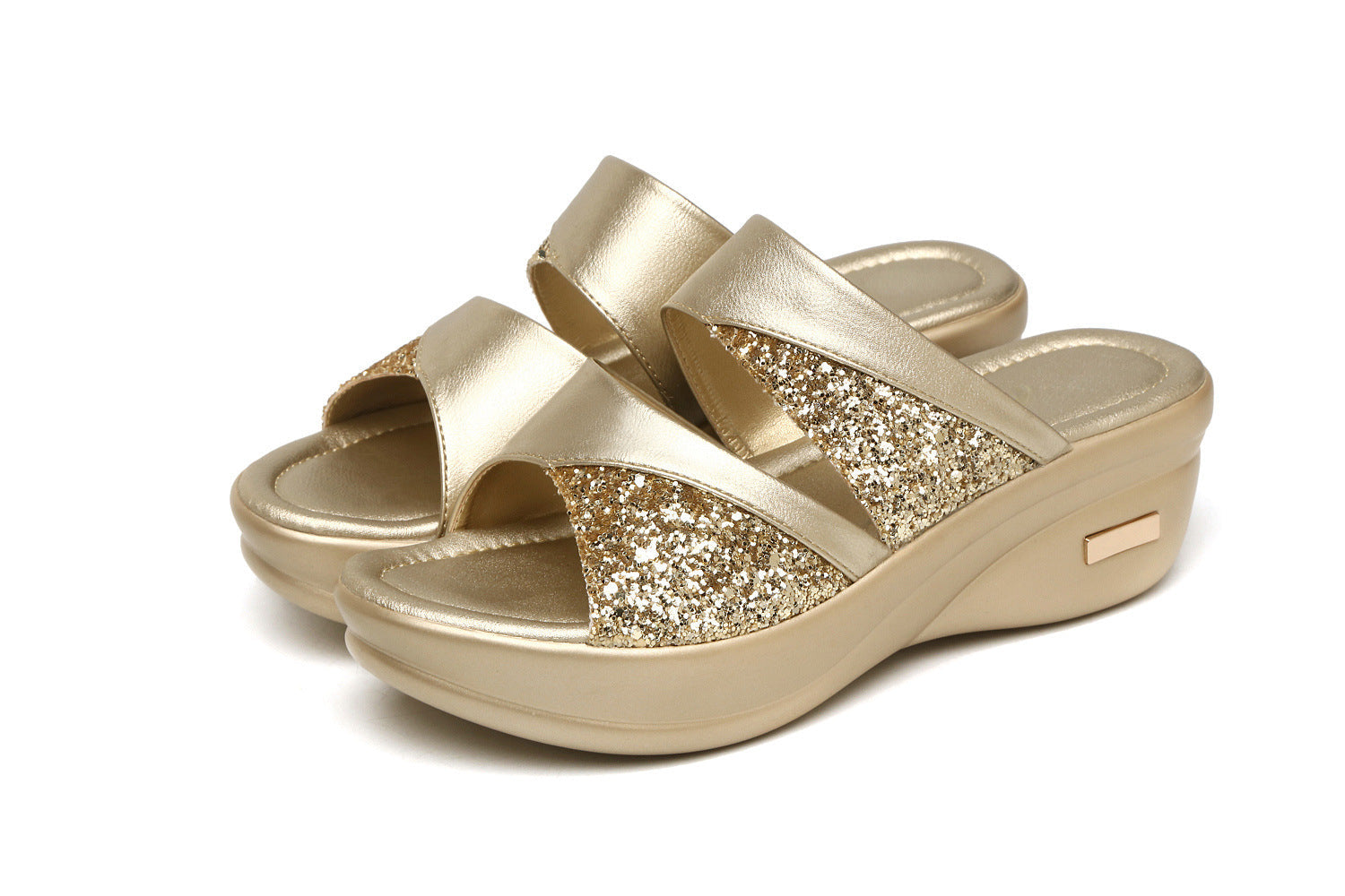 Comlyy Sandals and slippers women's summer outerwear thick-soled muffin wedge fish mouth sequined slippers