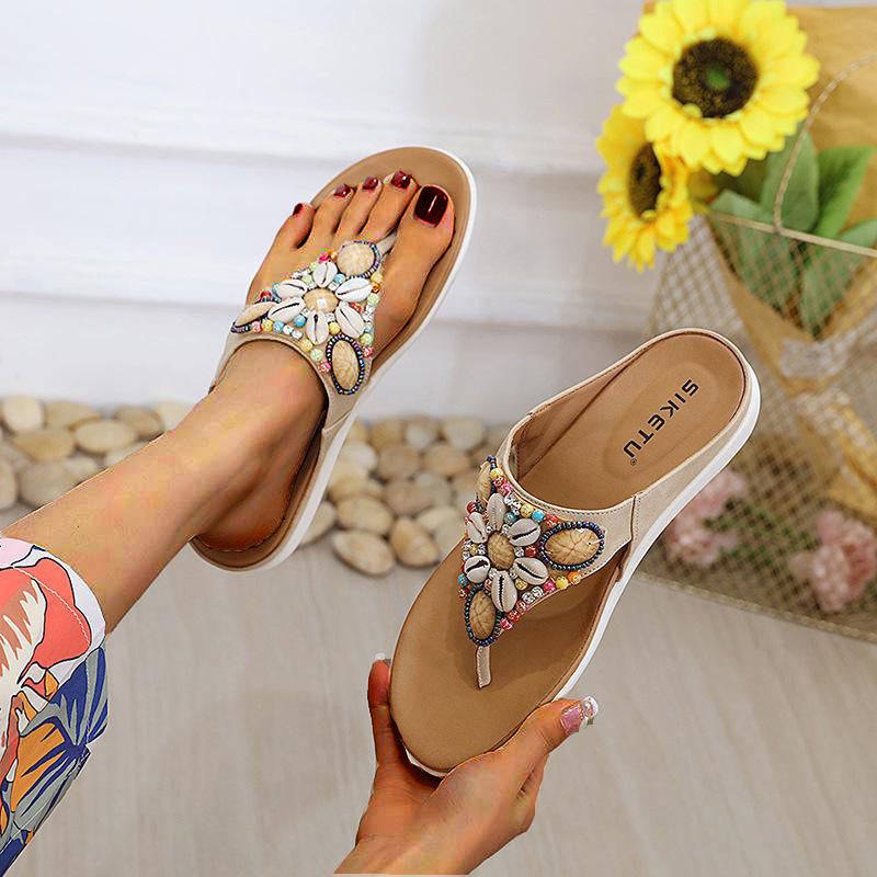 Comelyy Ethnic Beach Bohemian Retro Beaded Shell Sandals