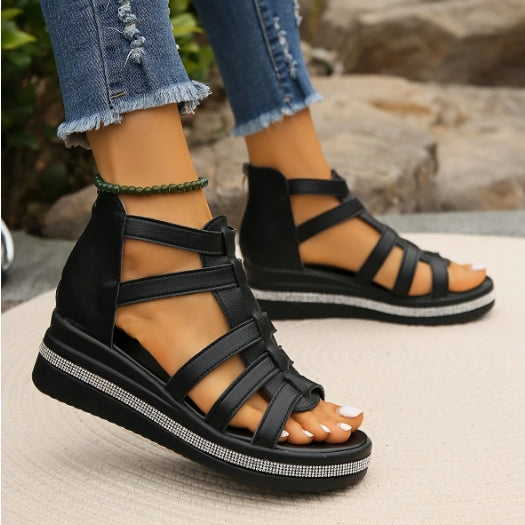Comelyy Rhinestone Decor Stylish Open Toe Cut-out Wedge Sandals
