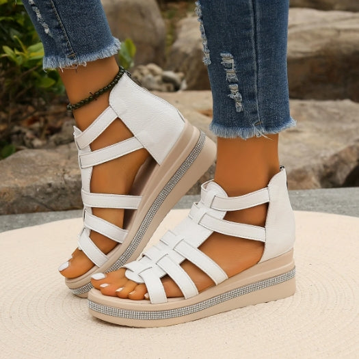 Comelyy Rhinestone Decor Stylish Open Toe Cut-out Wedge Sandals