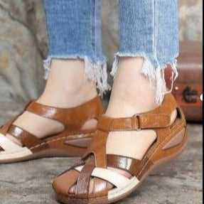 Comelyy Retro round toe wedge heel cross strap women's sandals