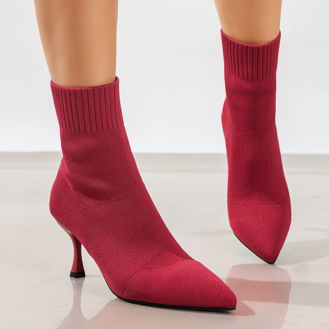 Comelyy Solid Color Knitted Slip On High Heeled Comfy Breathable Short Boots