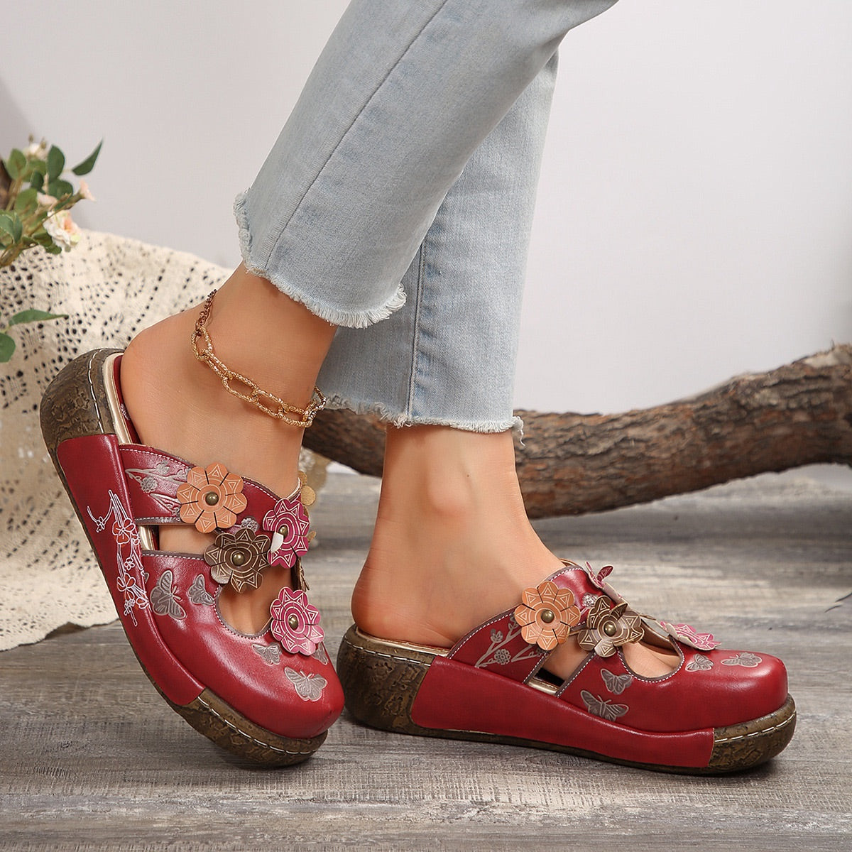 Comelyy Flower Print Wedge Slip-On Sandals
