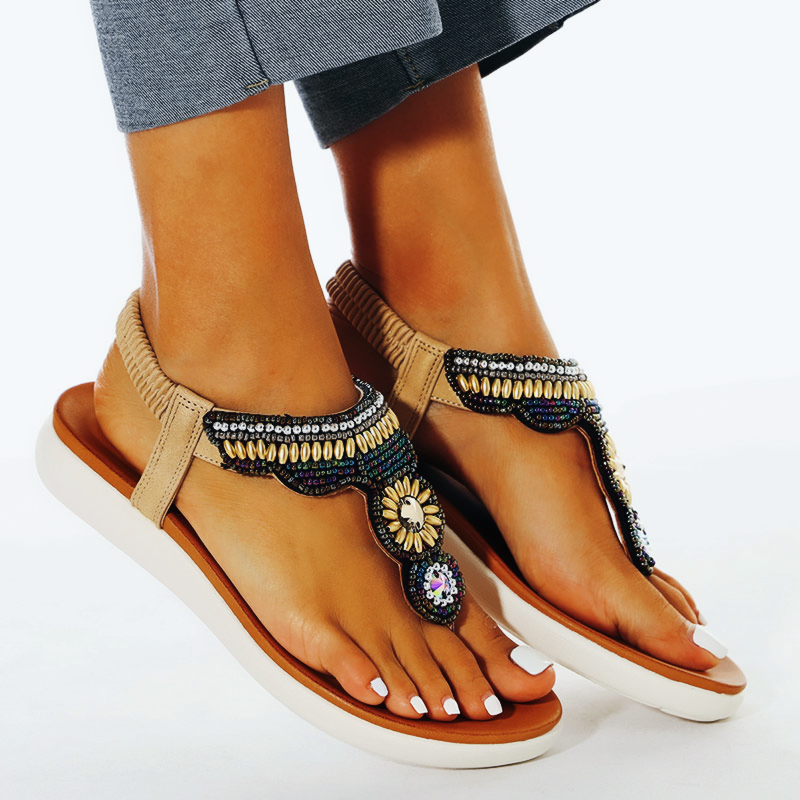 Comelyy Women Bohemia Ethnic Flower Elastic Band Slip On Wedges Sandals