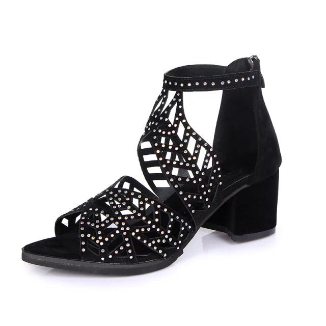 Comelyy Mesh fish mouth shoes thick high heel hollow rhinestone sandals