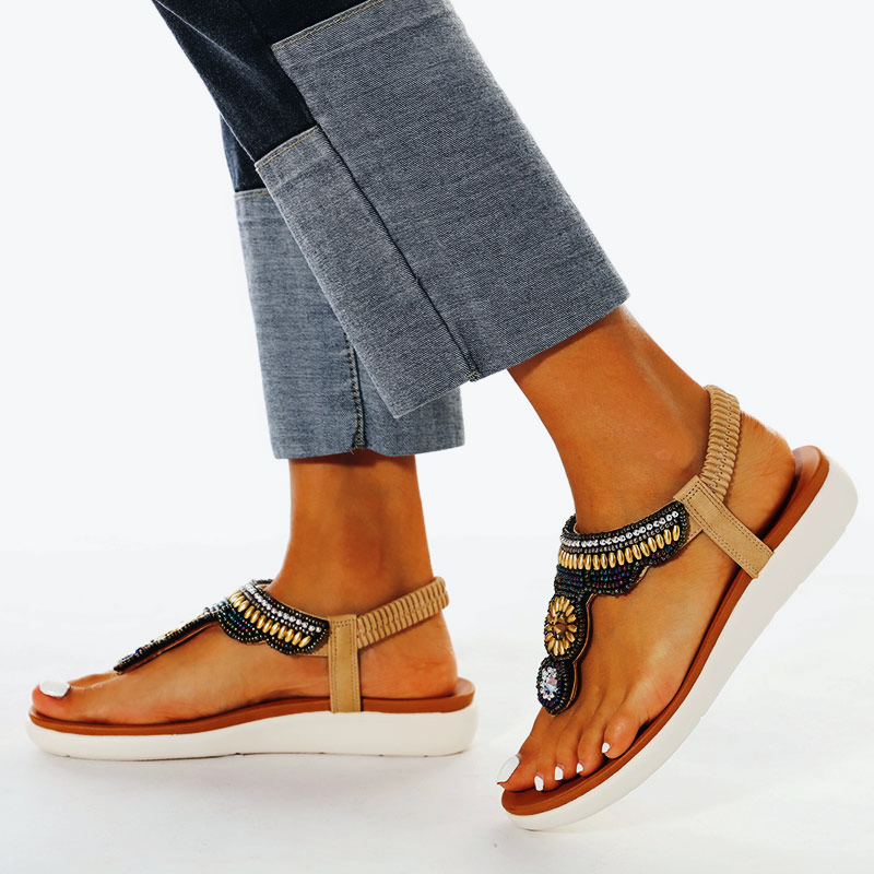 Comelyy Women Bohemia Ethnic Flower Elastic Band Slip On Wedges Sandals