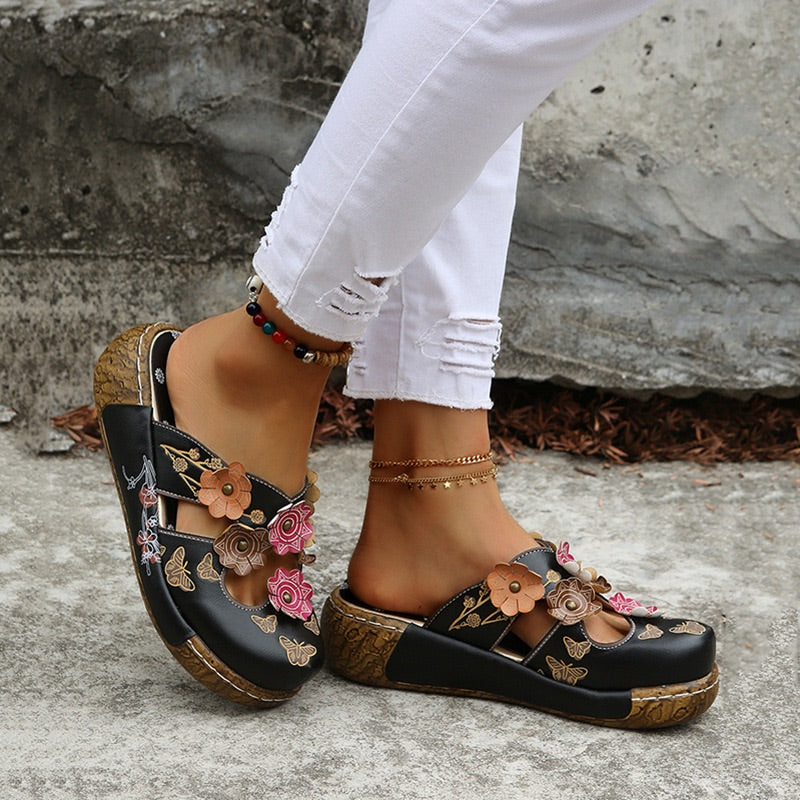 Comelyy Flower Print Wedge Slip-On Sandals