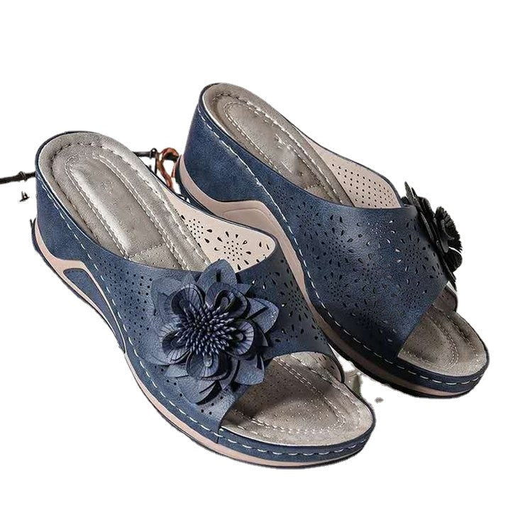 Comelyy Women's shoes summer large size wedge casual flower outer wear slippers female slipper