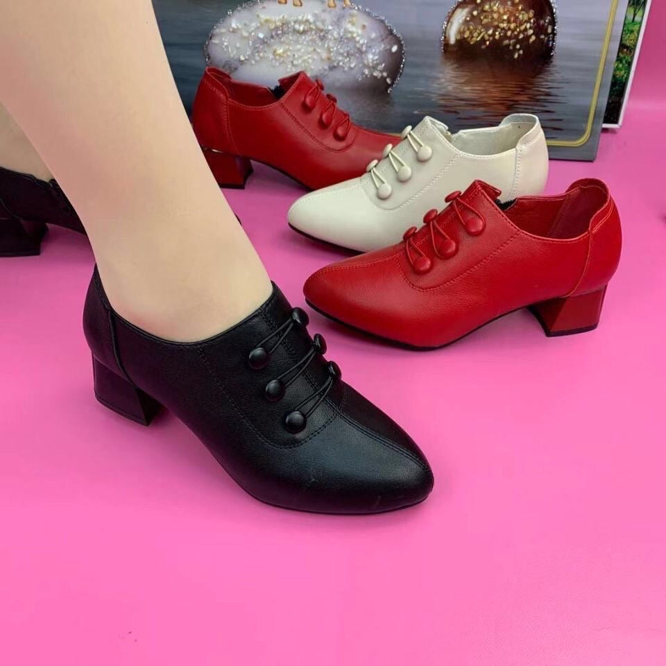 Pointed mid thick heel low cut fashionable button side zipper women's shoes