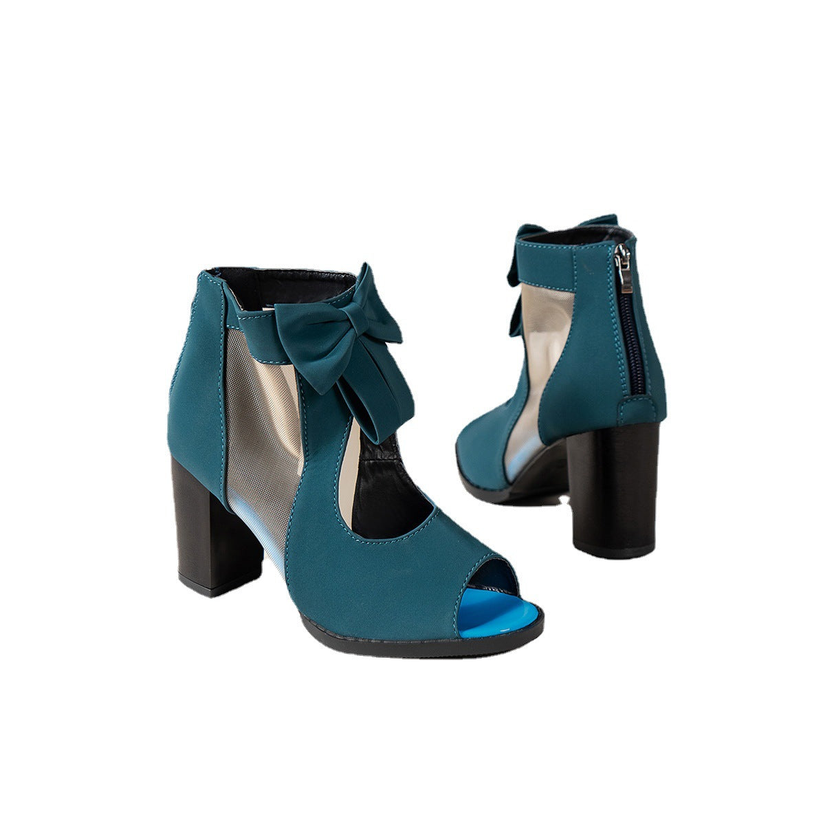 Comepyy Women's round toe fish mouth thick heel mesh bow sandals
