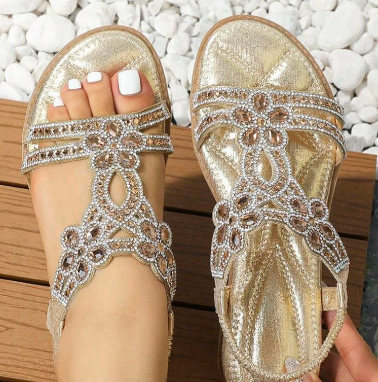 Comelyy hollow cross-border flat-bottomed rhinestone bohemian comfortable sandals