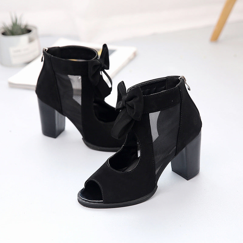 Comepyy Women's round toe fish mouth thick heel mesh bow sandals