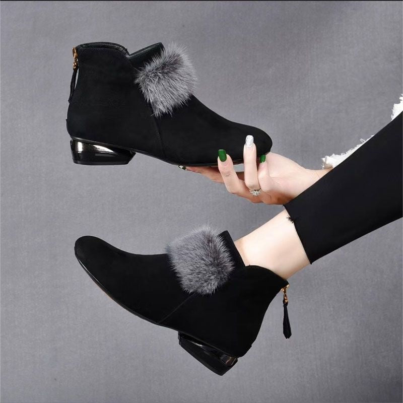 Comelyy Soft leather nubuck short boots with round toe, medium heel and velvet low top