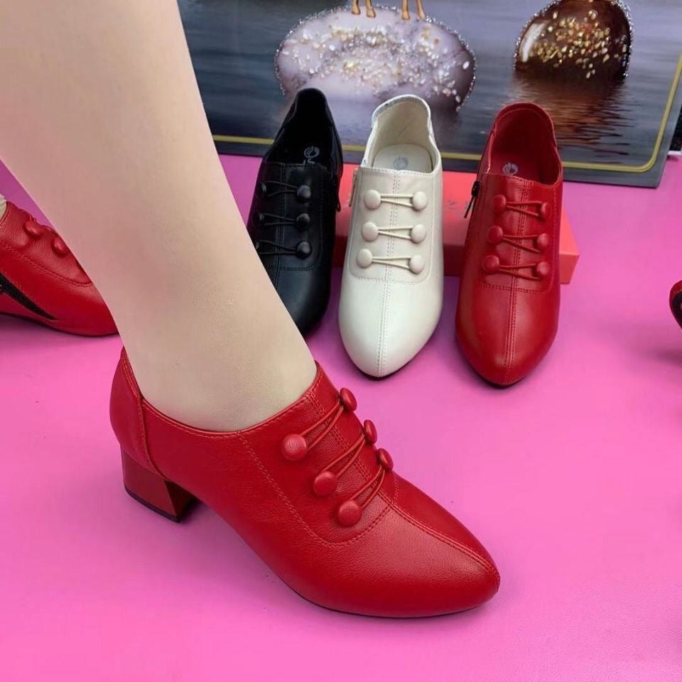 Pointed mid thick heel low cut fashionable button side zipper women's shoes