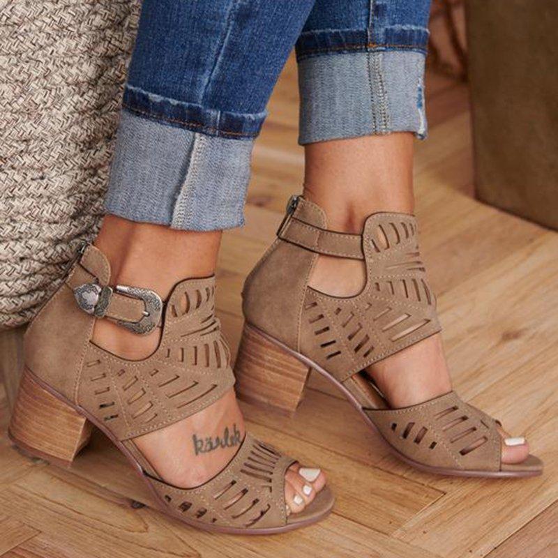 Comelyy Hollow carved block heel women's sandals