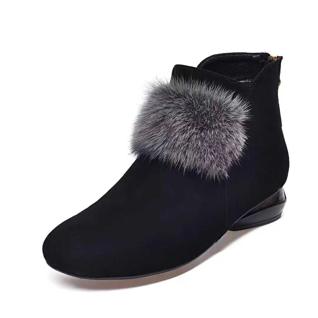 Comelyy Soft leather nubuck short boots with round toe, medium heel and velvet low top