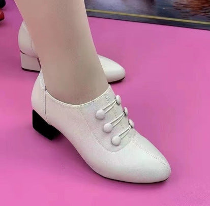 Pointed mid thick heel low cut fashionable button side zipper women's shoes