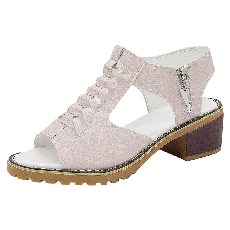 Comelyy Thick heel round toe hollow side zipper sandals for women casual Roman sandals for women
