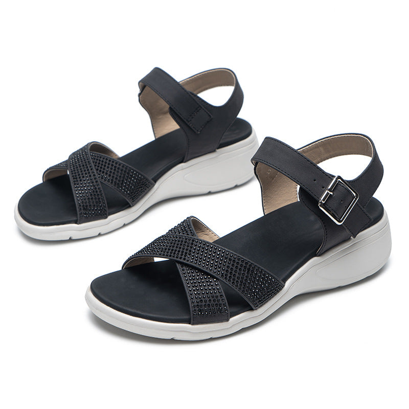 Comelyy Wedge Heel Soft Thick Bottom Rhinestone Sandals