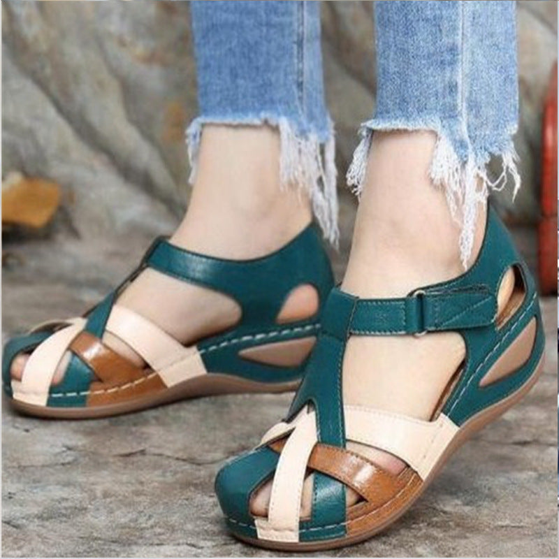 Comelyy Retro round toe wedge heel cross strap women's sandals