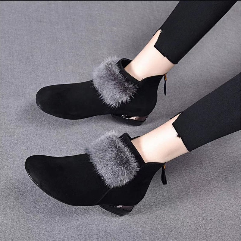 Comelyy Soft leather nubuck short boots with round toe, medium heel and velvet low top