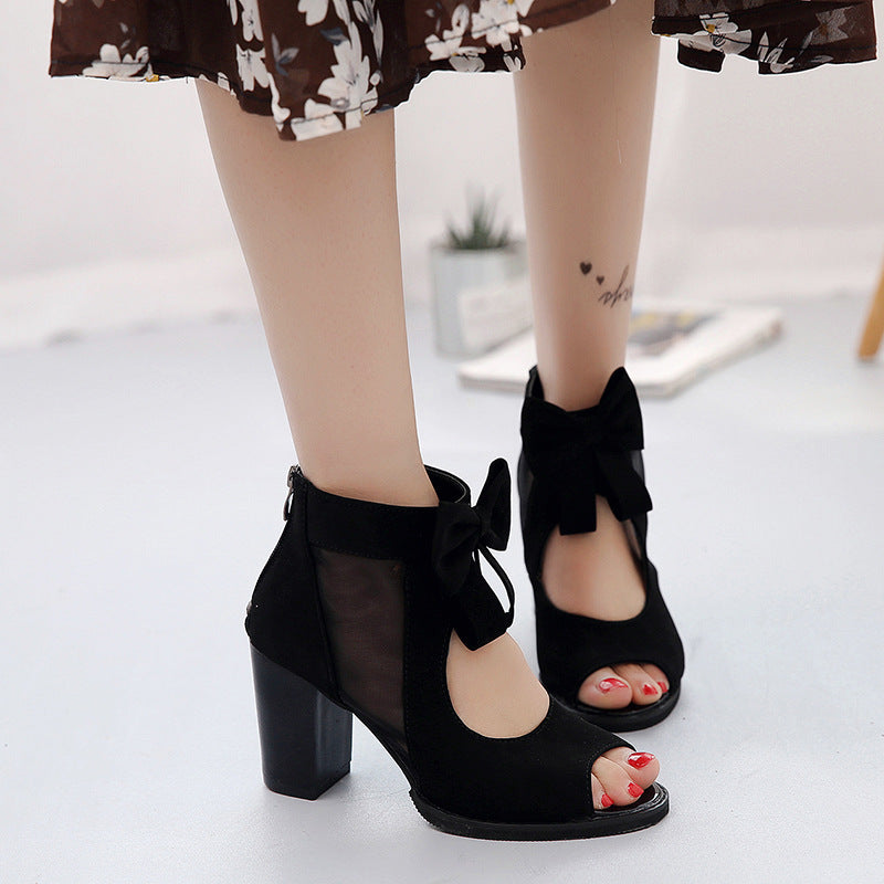 Comepyy Women's round toe fish mouth thick heel mesh bow sandals