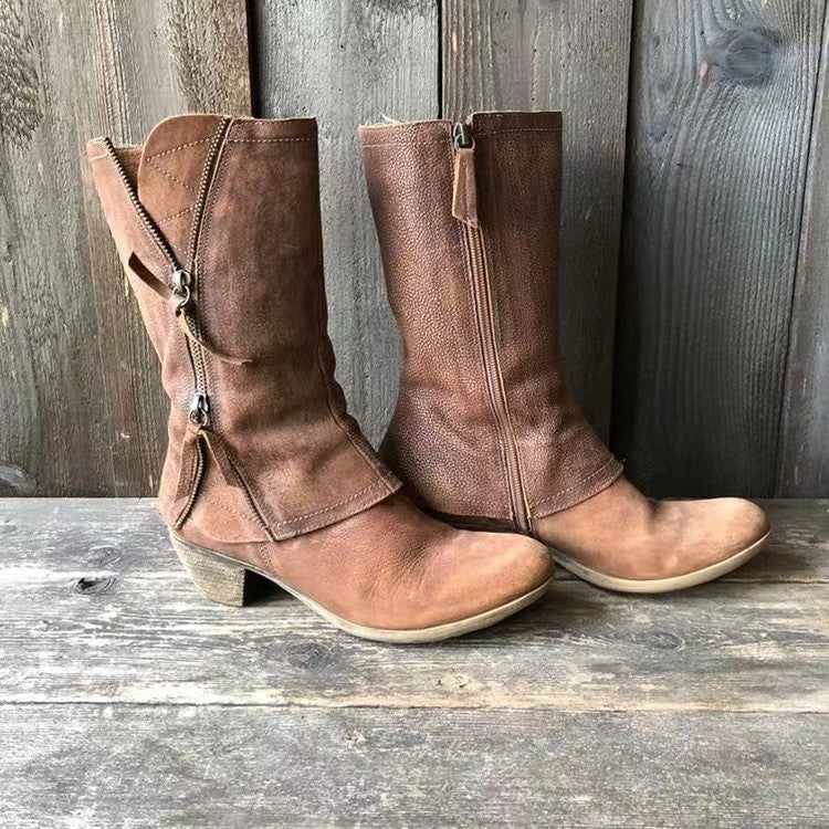 Comelyy Women's round toe thick heel side zipper mid-calf boots