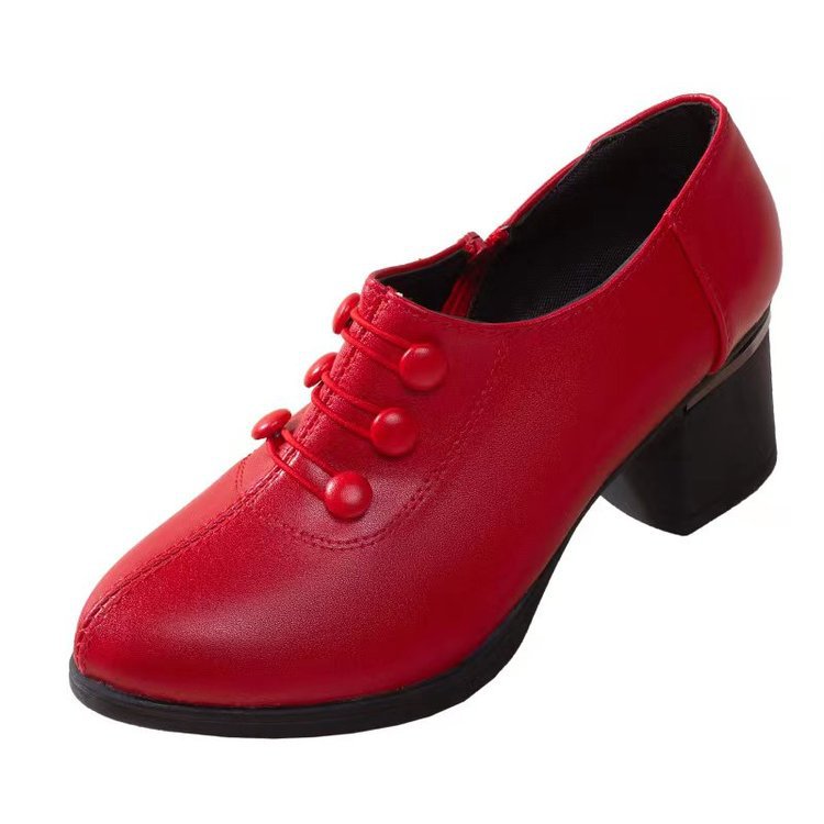 Pointed mid thick heel low cut fashionable button side zipper women's shoes
