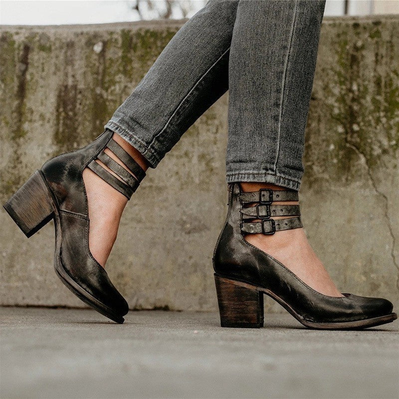 Comelyy women's thick heel sandals buckle pointed toe sandals