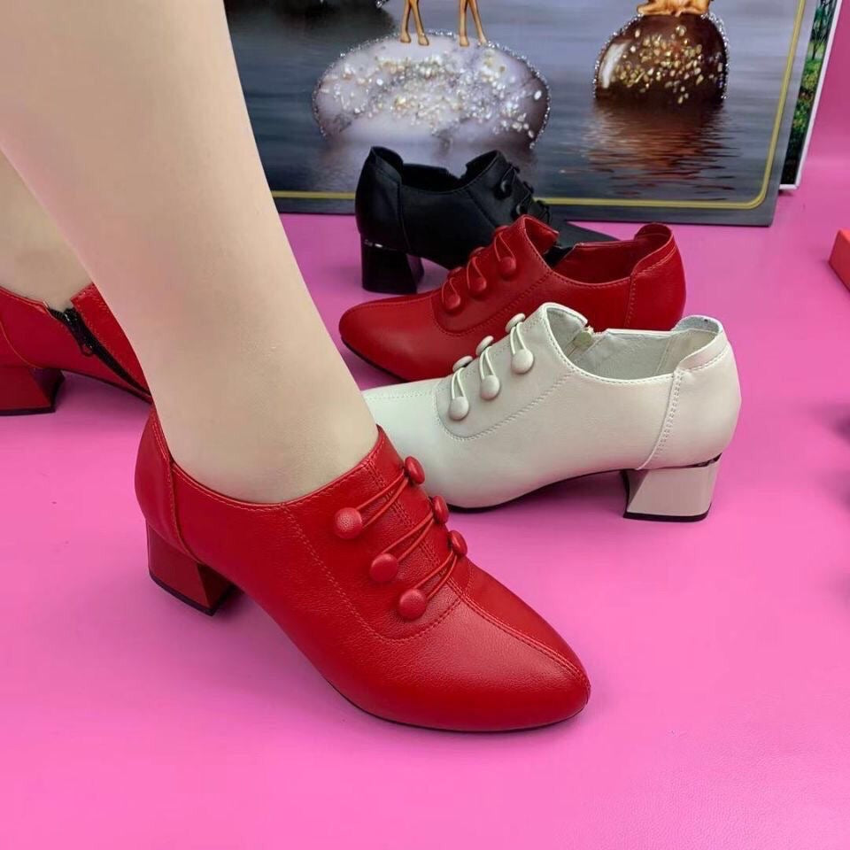 Pointed mid thick heel low cut fashionable button side zipper women's shoes