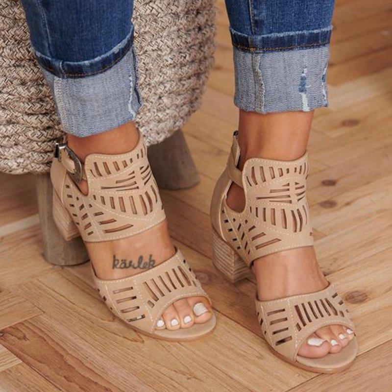 Comelyy Hollow carved block heel women's sandals