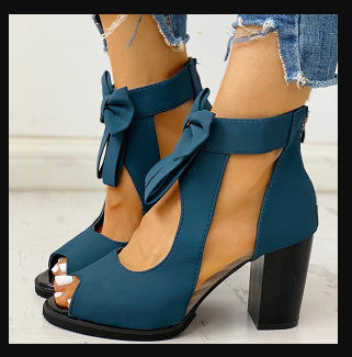 Comepyy Women's round toe fish mouth thick heel mesh bow sandals