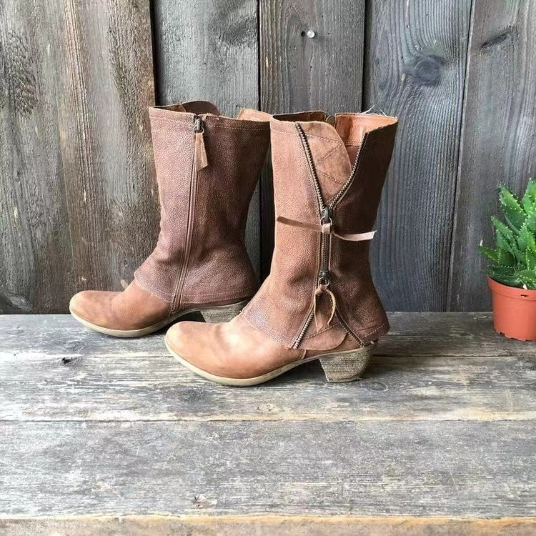 Comelyy Women's round toe thick heel side zipper mid-calf boots
