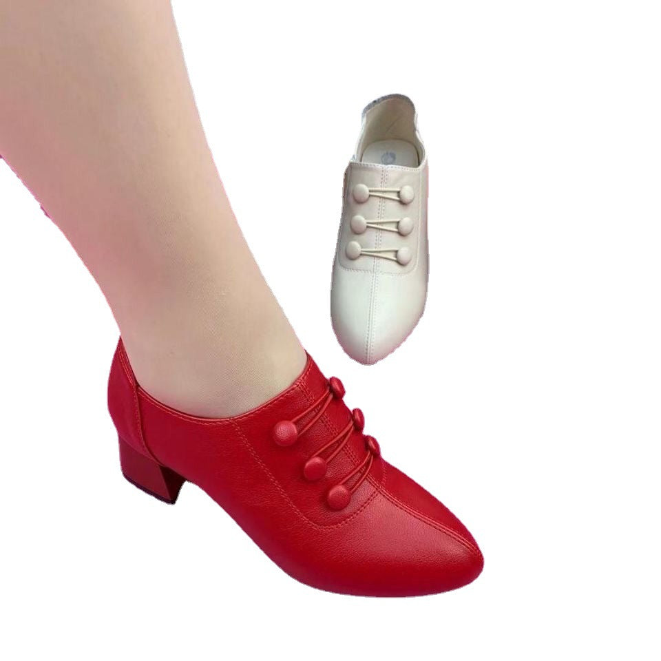 Pointed mid thick heel low cut fashionable button side zipper women's shoes
