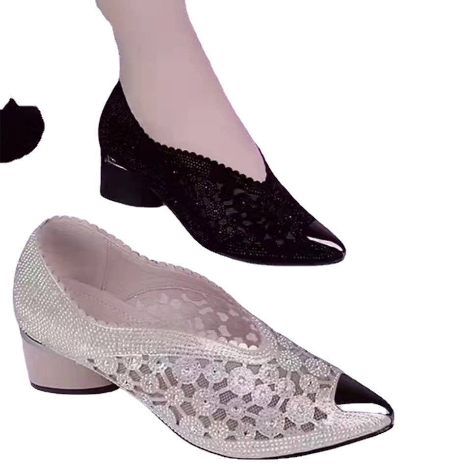 Comelyy Sandals rhinestone single shoes women mesh hollow lace high-heeled sandals