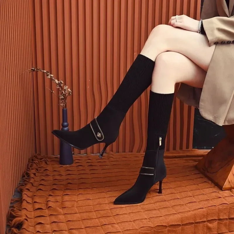 KnitGlam™ Long Pointed-Toe Stiletto Boots