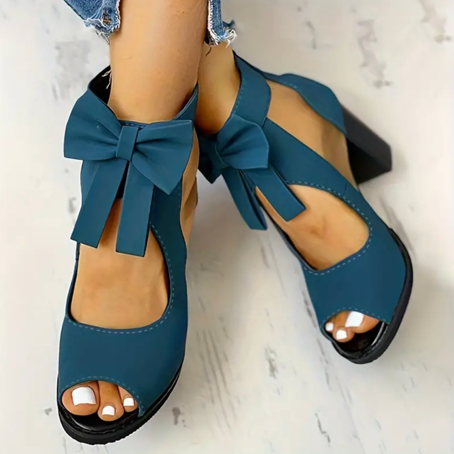 Comepyy Women's round toe fish mouth thick heel mesh bow sandals