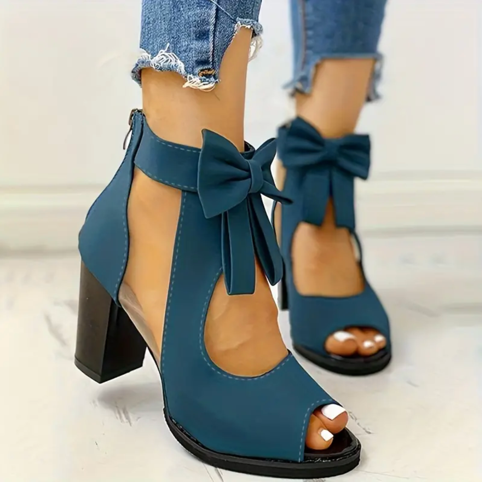 Comepyy Women's round toe fish mouth thick heel mesh bow sandals