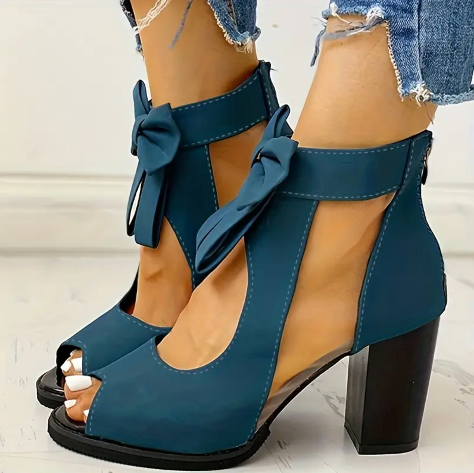 Comepyy Women's round toe fish mouth thick heel mesh bow sandals
