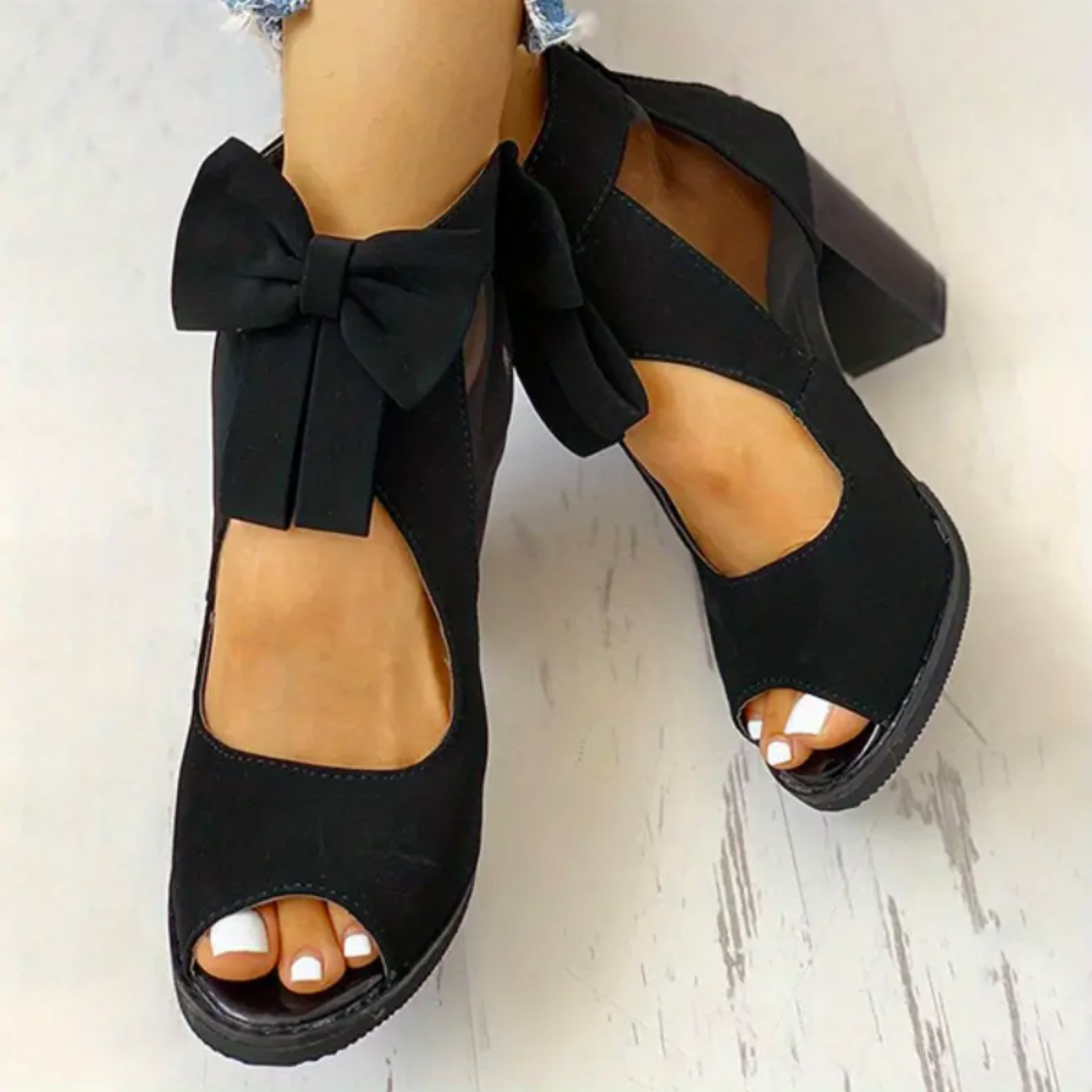 Comepyy Women's round toe fish mouth thick heel mesh bow sandals