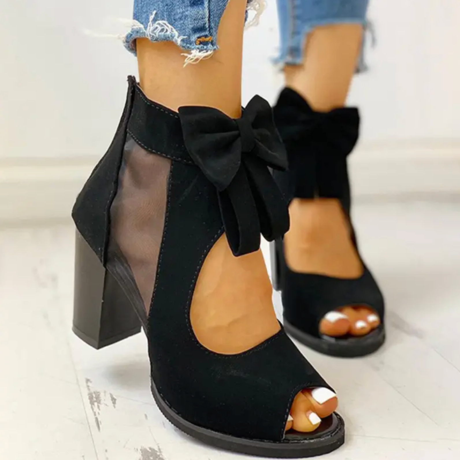 Comepyy Women's round toe fish mouth thick heel mesh bow sandals