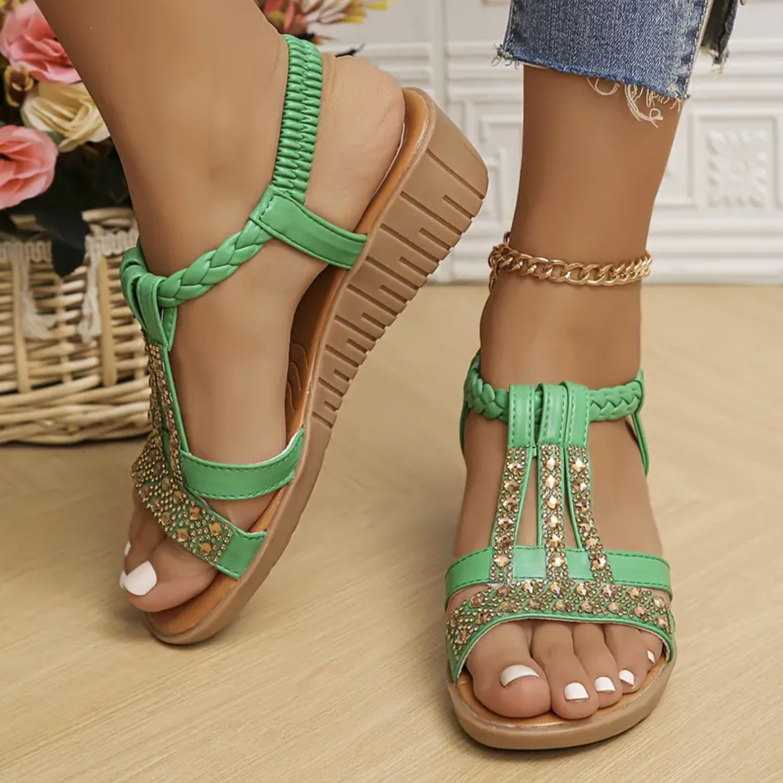 Comelyy Women's flat rhinestone fish mouth sandals