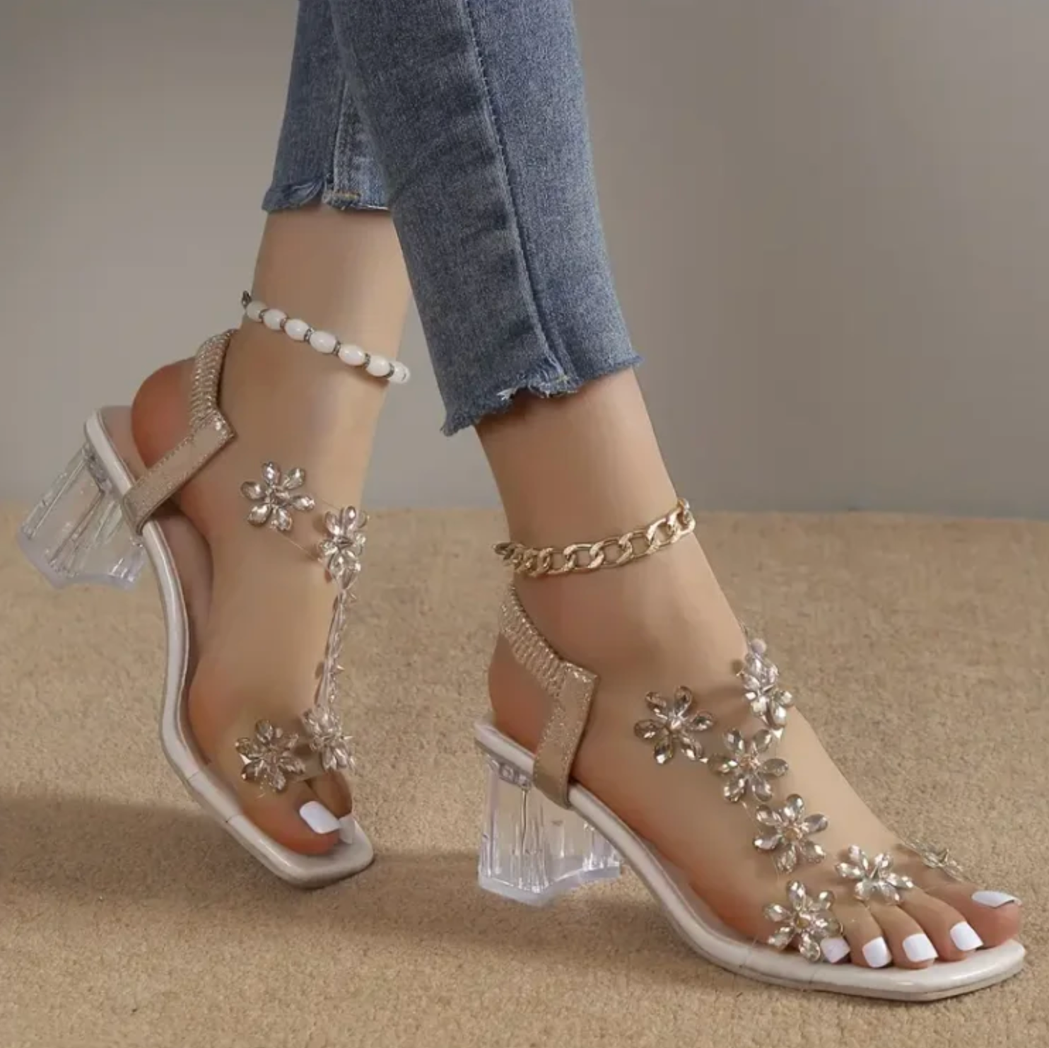 Comelyy Flower Rhinestone Thick Heel Strap-on High-Heel Women Sandals