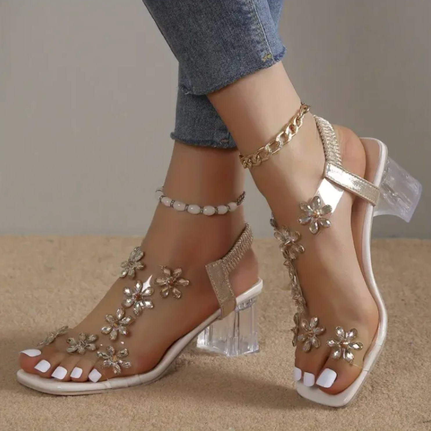 Comelyy Flower Rhinestone Thick Heel Strap-on High-Heel Women Sandals
