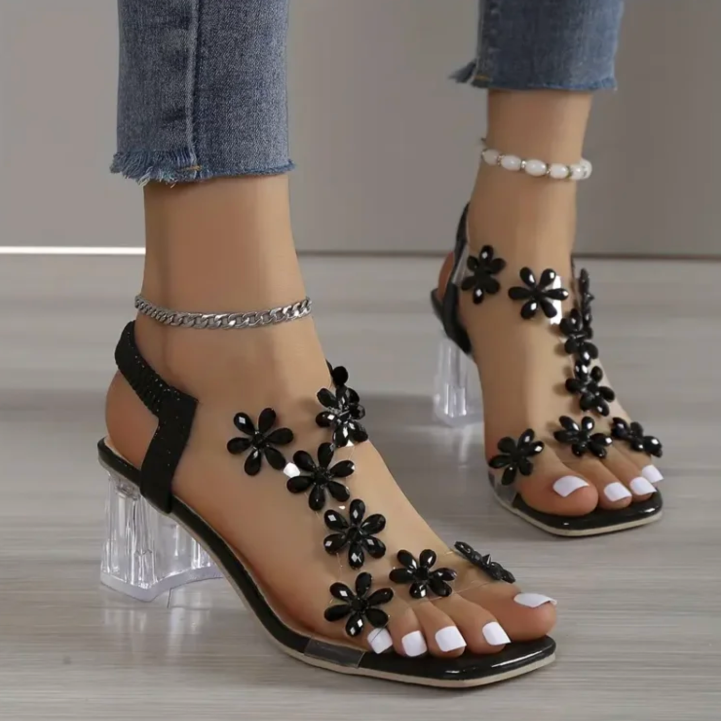 Comelyy Flower Rhinestone Thick Heel Strap-on High-Heel Women Sandals